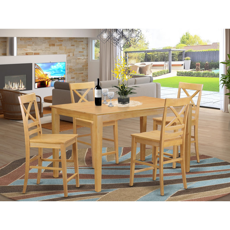Ensemble de table de salle à manger à hauteur de comptoir 5 pièces comprenant une table de salle à manger rectangulaire et 4 chaises en bois, chêne