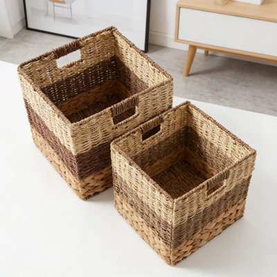 Ensemble de 2 paniers de rangement en tissage mélangé, bacs cubiques en osier naturel tissés à la main pour tablettes, rangement pliable pour la salle de bain, la chambre à coucher, la buanderie et le garde-manger