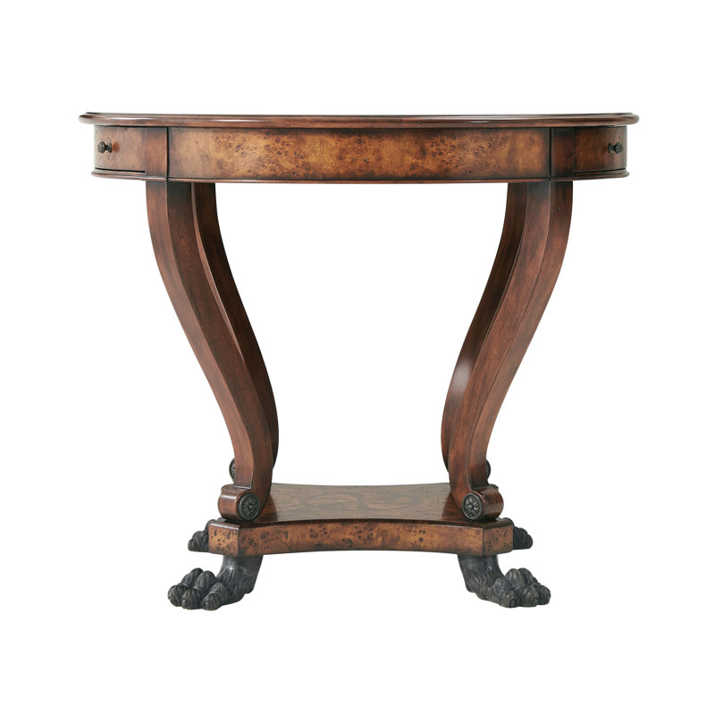 Regency Inspired Round Morado Burl Wood End Table with Brass Accents