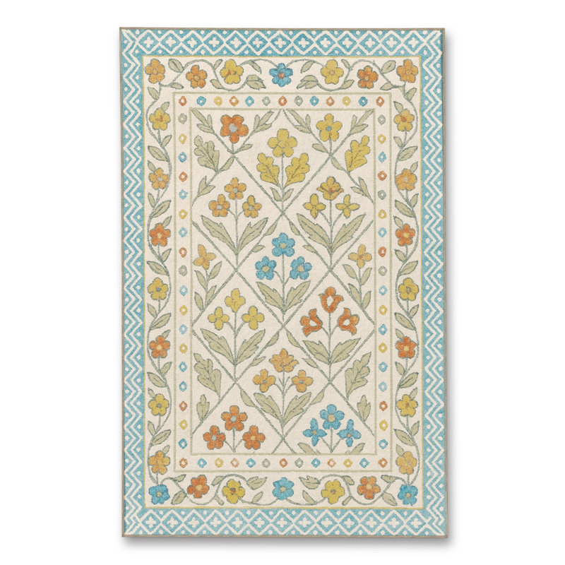 Tapis beige tissé à motif floral lavable Mosso, 6'7" x 9'10"