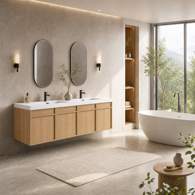 Meuble-lavabo mural 60 po avec lavabo double en résine, 4 portes à fermeture douce, meuble-lavabo flottant en contreplaqué chêne