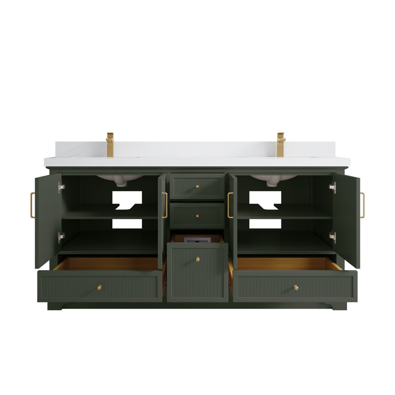 Meuble-lavabo double autoportant 72 po avec plateau en quartz Alys (option poignées)