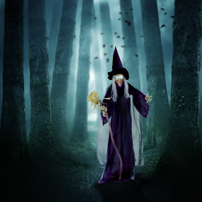Witches and Wizards Haunted Hill Farm 6.0-Ft. Life-Size Talking Witch with Broomstick, Halloween Animatronic with Lights