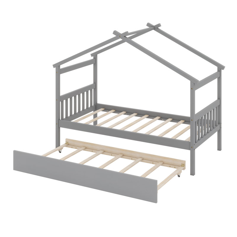 Wooden House Bed With Trundle, Gray, Full
