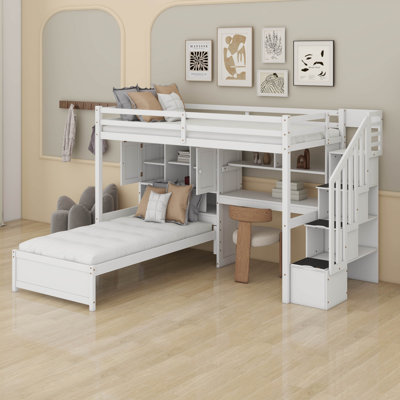 Twin Over Twin Loft Bed With Built-In Desk And Staircase For Kids, L-Shaped Loft Bed With Storage Compartments And Shelves