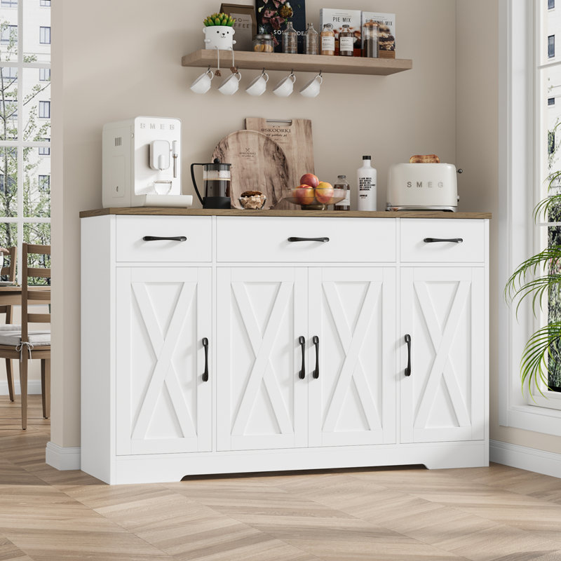 Adra 55.1'' Sideboard with 3 Drawers, Adjustable Shelves, Walnut/White