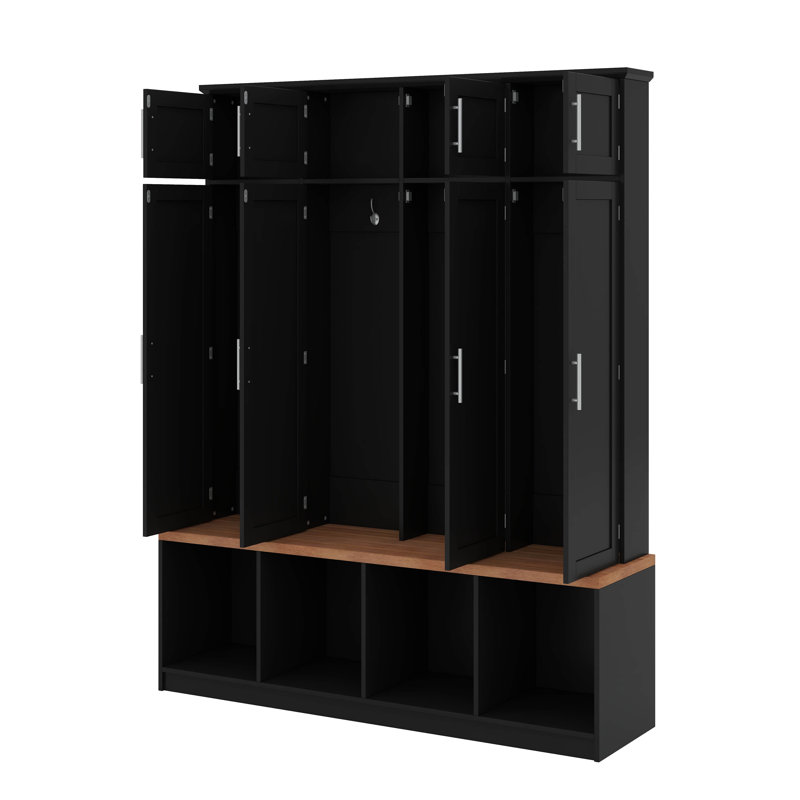 Farmhouse Hall Tree With Hanging Hooks, Mudroom Bench With Open Compartments, Black