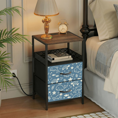  24.2" 2 - Drawer Nightstand Cute Ocean Animals Dolphins Whales Turtles Fish Starfish Blue Side Table with Charging Station Iron Frame Bedside Table