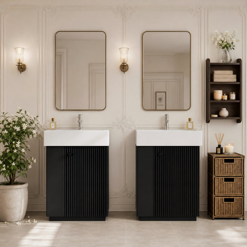 Meuble-lavabo noir pour salle de bain, meuble-lavabo autoportant avec porte à charnières à droite et lavabo en céramique pour petites salles de bain