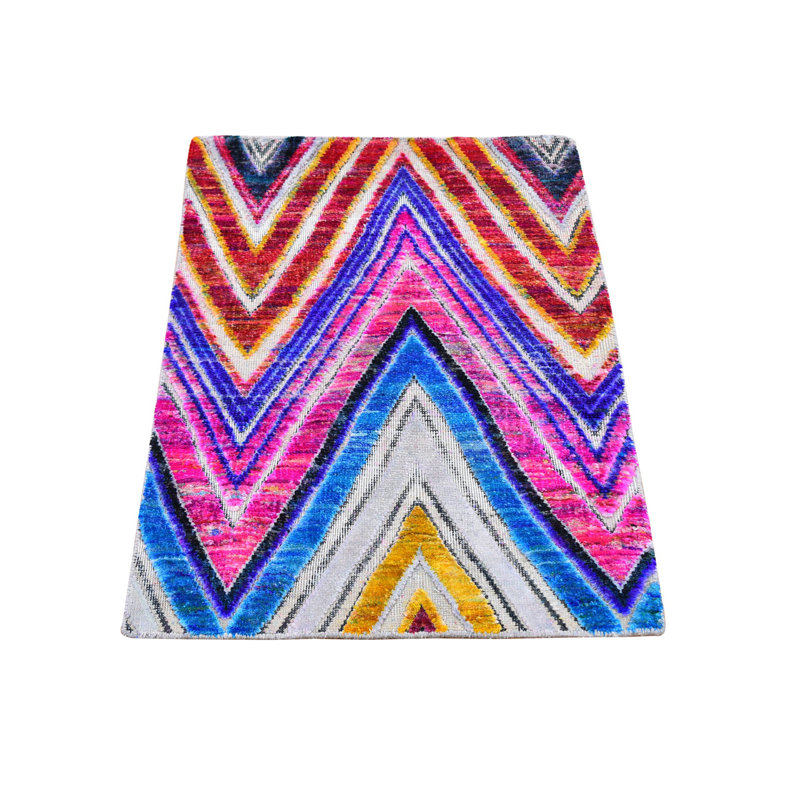 Tapis bleu / rose / rouge nouvel âge en laine noué à la main de conception unique 2 pi x 3 pi Falzini