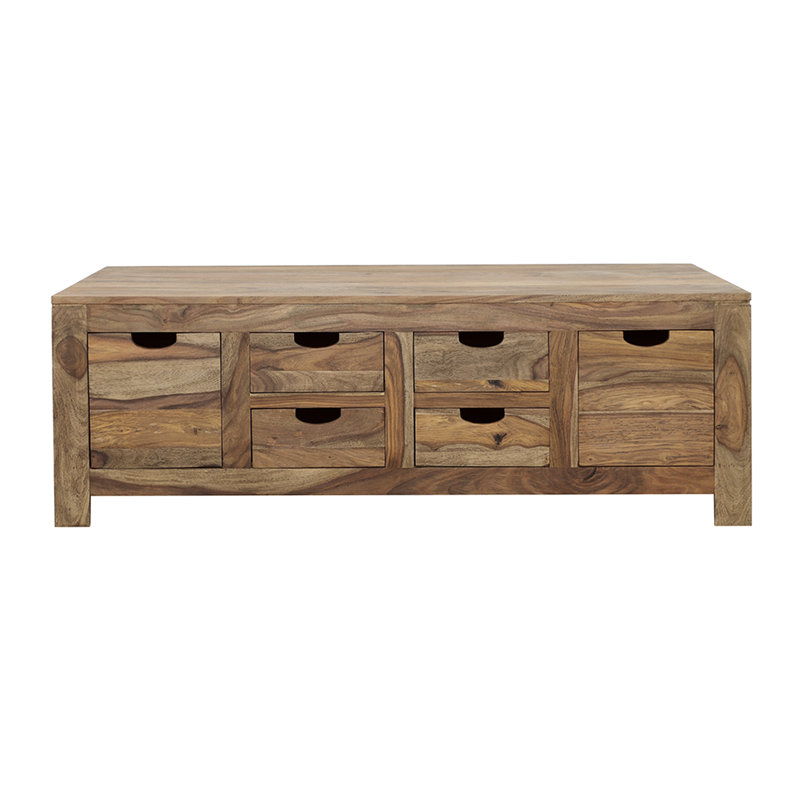 Table basse rectangulaire naturelle à 6 tiroirs, aspect chaleureux, ton et grain faciles à utiliser, tiroirs de rangement