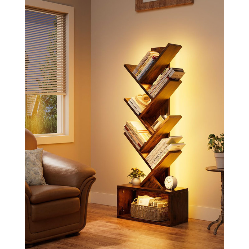 6 Tier Tree Bookshelf With Lights, Led Book Tree Bookshelf With Storage Organizer, Small Corner Bookcase Floor Standing Book Shelf For Living Room, Bedroom & Home Office