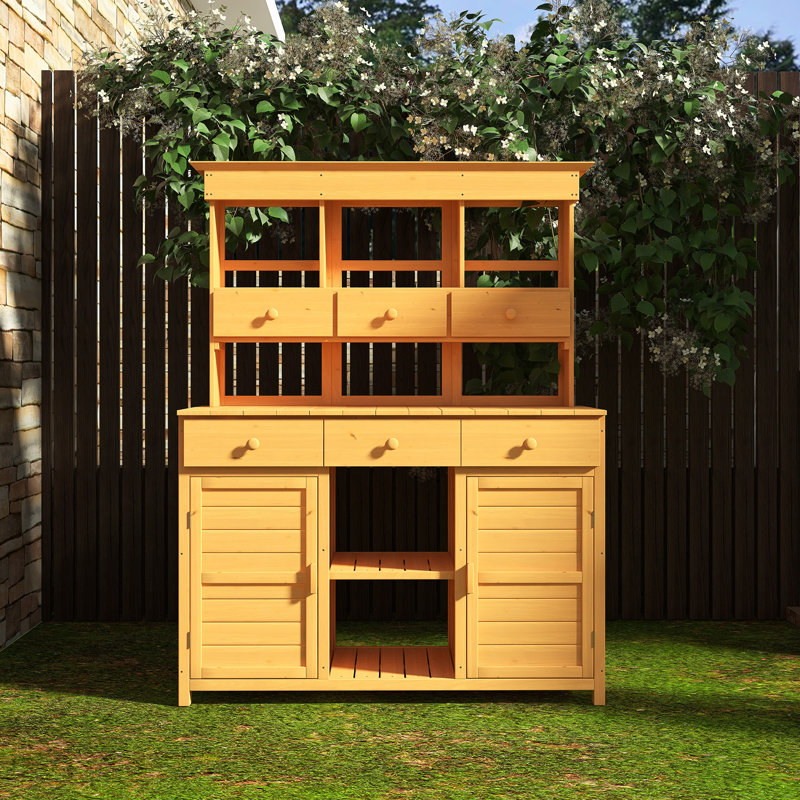 Table de jardin avec 3 tablettes, 6 tiroirs et 2 armoires inférieures, Naturel