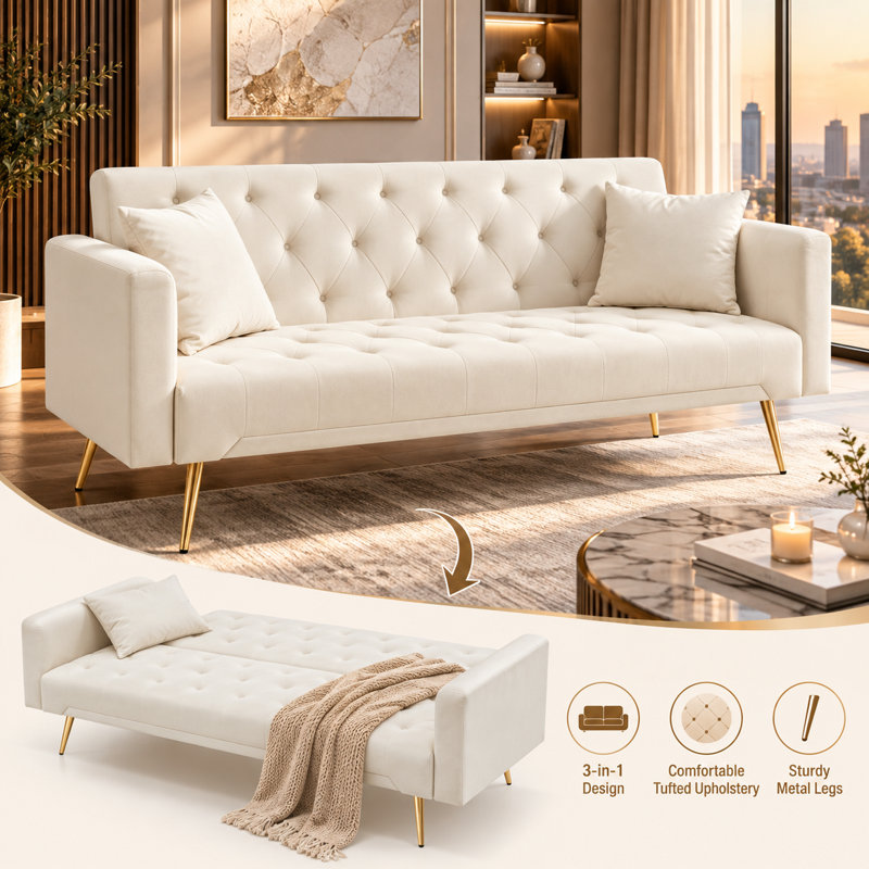 71" Convertible Loveseat Sofa, American Retro Velvet Sleeper Couch For Small Living Rooms, Bedrooms & Offices, Beige