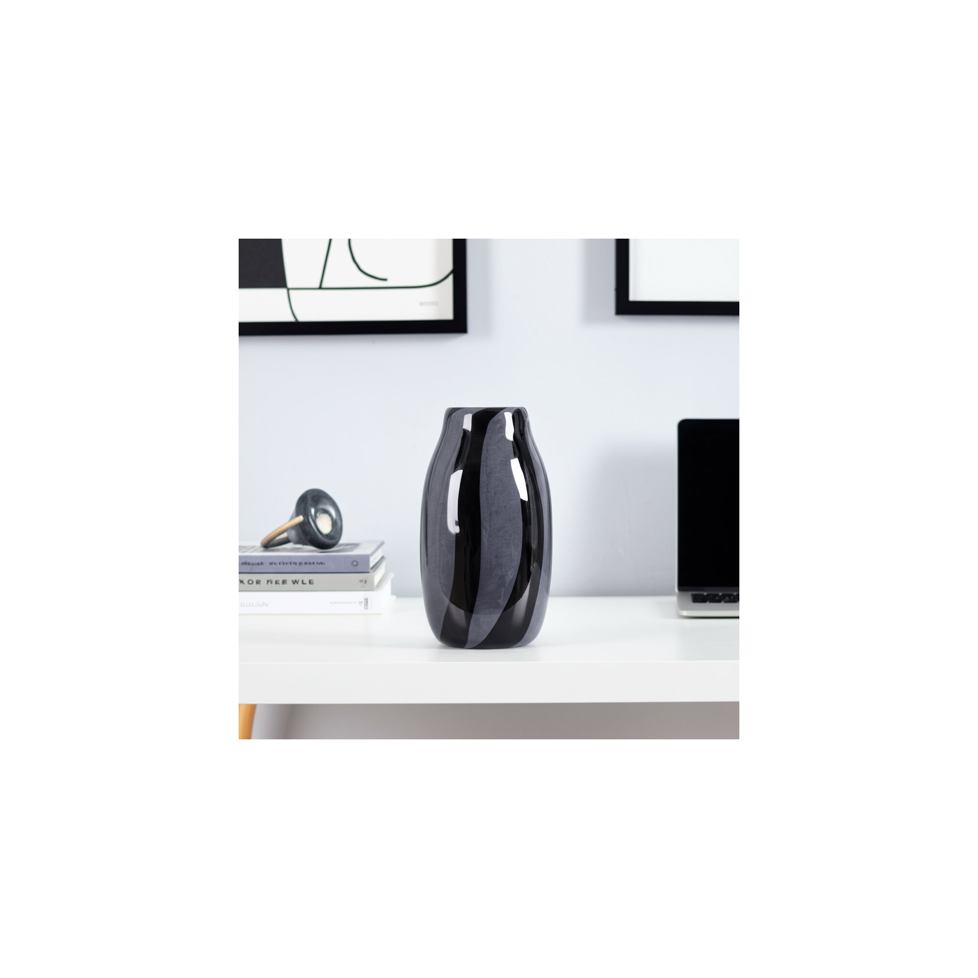 Mele Modern Striped Glass Vase, Black, 10" H x 6" W x 5" D