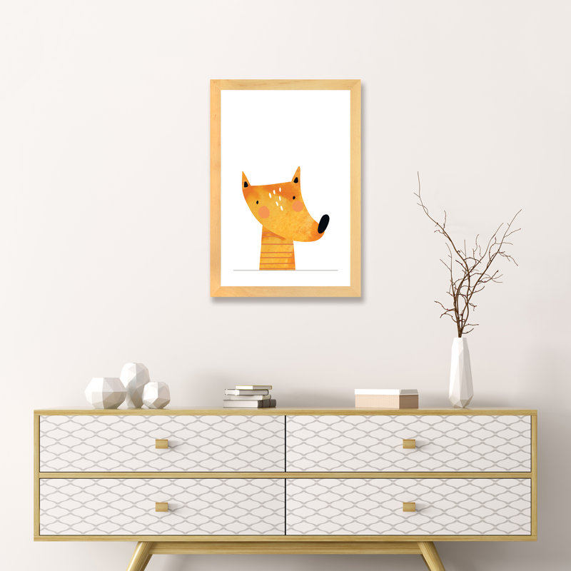 Renard - impression d'art graphique, Papier avec cadre beige, H 24 po x l 16 po x P 1 po, Blanc