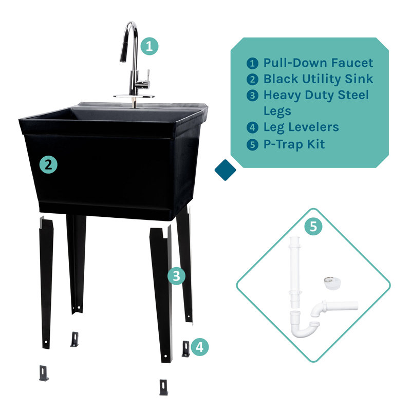 22.875'' L x 23.5'' W Freestanding Laundry Sink with Faucet, Chrome, Black