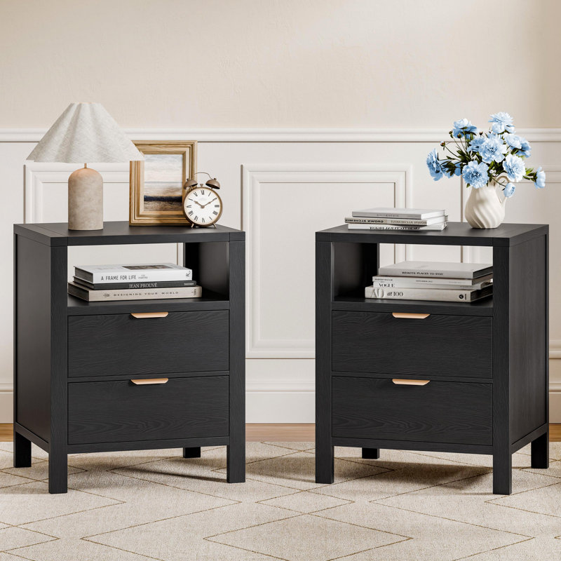 Ensemble de chambre à coucher: Lit plateforme capitonné avec rangement à 2 tiroirs et tête de lit avec rangement et table de chevet à 2 tiroirs avec tablette ouverte