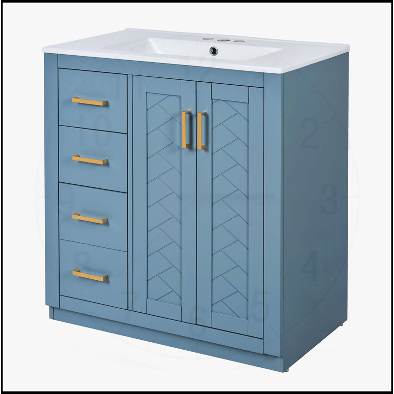Ensemble de meuble-lavabo 30 po avec lavabo en céramique à 3 tiroirs et portes à fermeture douce, Indigo