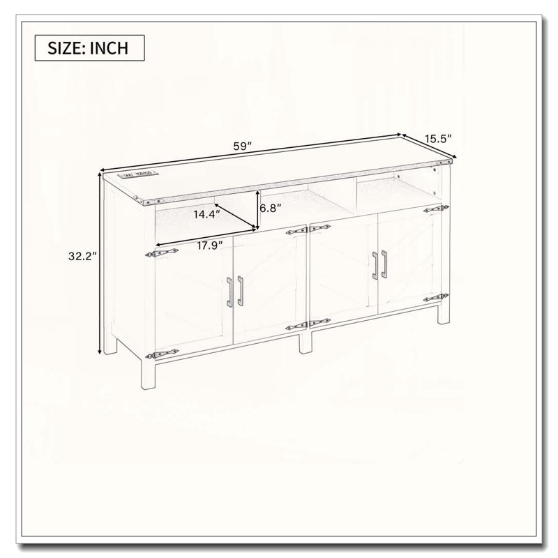 4-Door Sideboard with Power Outlets, USB Ports, and Adjustable Shelves, Natural Wood