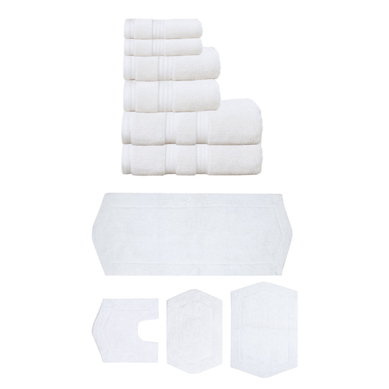 Bryd Collection 100% Soft Cotton 6 Pc Towel Set & 4 Pc Bath Rug Set, (Set of 10), White