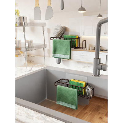 Organisateur de chariot d'évier de cuisine 4-en-1 avec éponge, savon, brosse et porte-serviette - Conception durable en acier inoxydable antirouille pour un séchage rapide et un gain de place