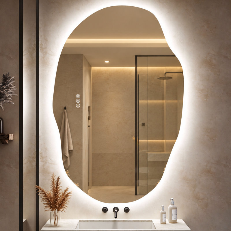 Miroir de salle de bain Irride Teardrop sans cadre avec éclairage rétroéclairé, 48" x 30"