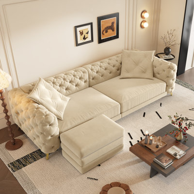 97.7" King-Size Pull-Out Sleeper Sofa Deep Seat Convertible Sofa Bed 4-Seater Chesterfield Couch With Movable Ottoman by House of Hampton