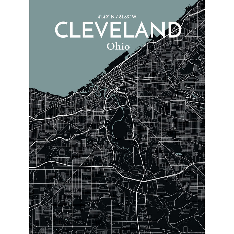 « cleveland city map », reproduction d’impression sur affiche en minuit, H 17 po x l 11 po