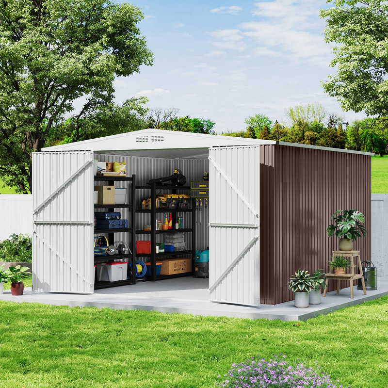 Rangement extérieur en acier galvanisé résistant aux intempéries 8 x 7 pi, H 76,2 po x l 94,1 po x P 120 po, Brun