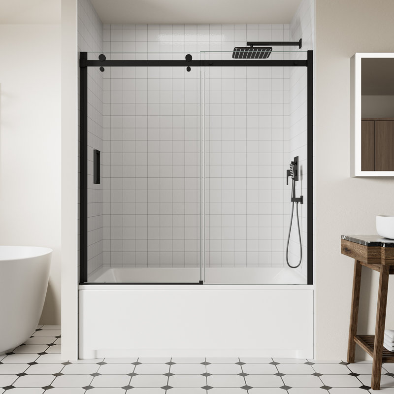 56-60" W x 58" H Frameless Bathtub Sliding Doors, Glass Shower Door for Tub with 5/16" (8mm) Clear SGCC Tempered Glass, Matte Black Finish Shower Doors, Reversible Installation