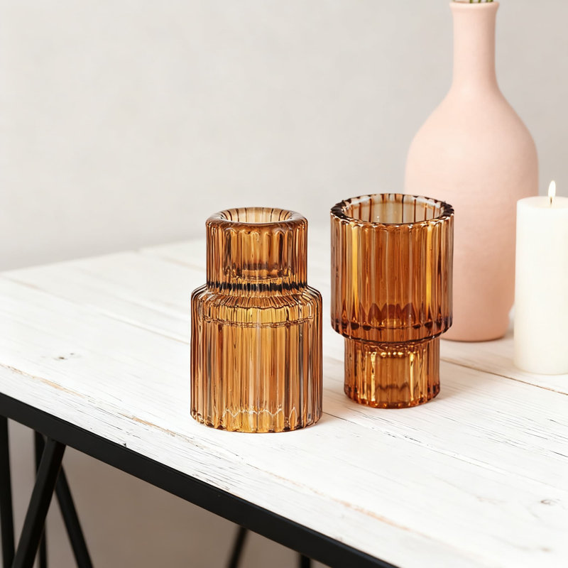 Set Of 10 Glass Taper Candle Holders, Modern Ribbed Candlestick Holders For Table Centerpiece And Dining Room Decor, Amber