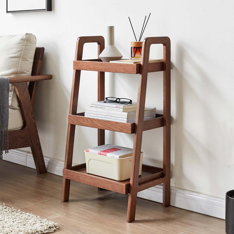17.7"W Solid Oak Modern Leaning Ladder Shelf, 25.6"W, Brown Oak