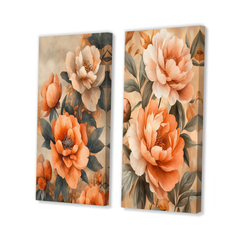 Collection pivoines pivoines d'automne - Collection de 2 panneaux sur toiles florales, H 28 po x l 25 po, Toile tendue