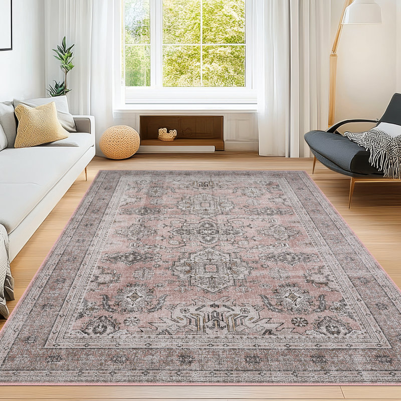 Oriental Machine Washable Rug with Rubber Non-Slip Backing for Living Room, Dining Room, Bedroom, Office & Playroom