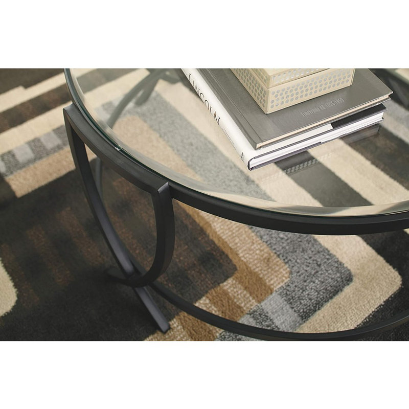 ArcX Contemporary Black Round Coffee Table Set with Tempered Glass