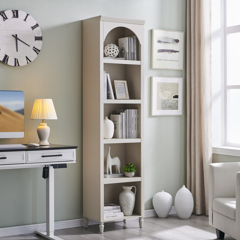 76" Tall Arched Bookcase, 5-Tier Narrow Arched Shelving Unit with Adjustable Shelves, Featuring Storage and Open Display Shelves