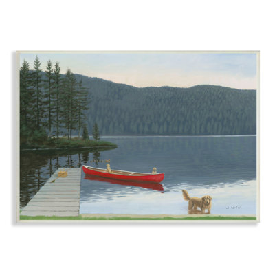 " Docked Row Boat Lake Forest Landscape Pet Dogs " by James Wiens Painting Print