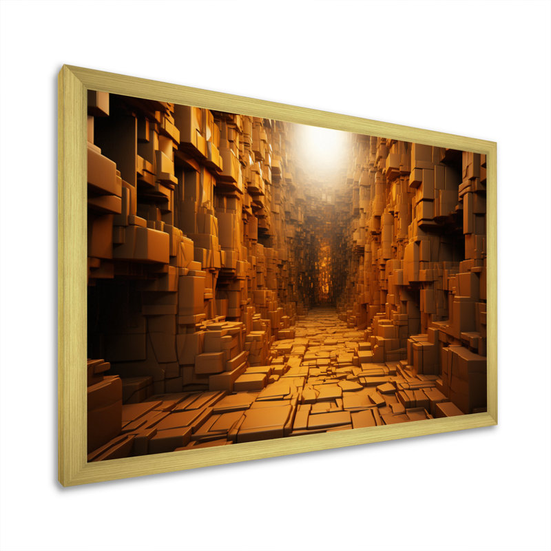 " Yellow Geometric Tunnel I ", Gold Single Picture Framed, 34" H x 44" W x 1.5" D