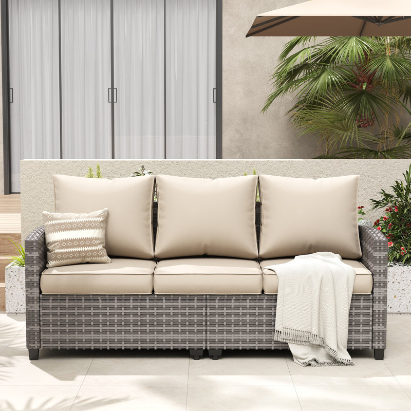 Vancamp 79" Wide Outdoor All-Weather Wicker Patio Sofa With Cushions, Beige Cushion/Gray Frame