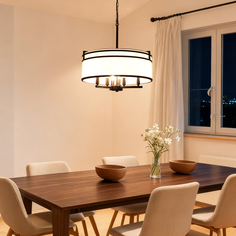 Lustre à tambour moderne de style ferme à 6 lumières, à intensité variable, avec abat-jour rond en lin, Noir mat