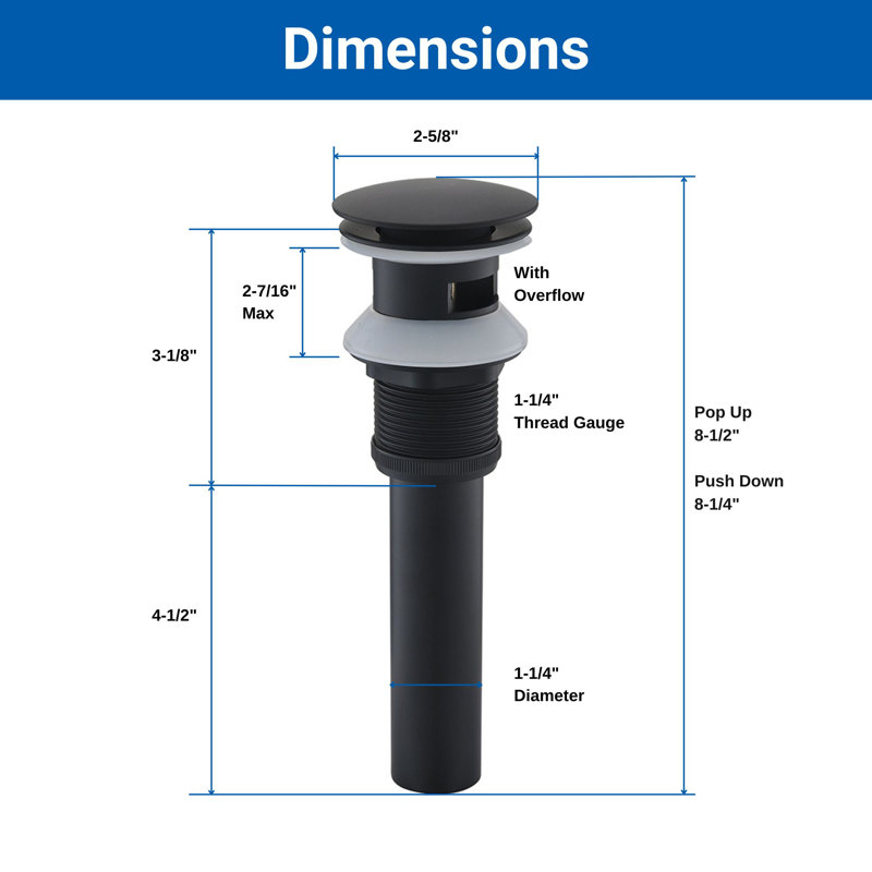 Pop-Up Bathroom Sink Drain Stopper with Overflow, Matte Black