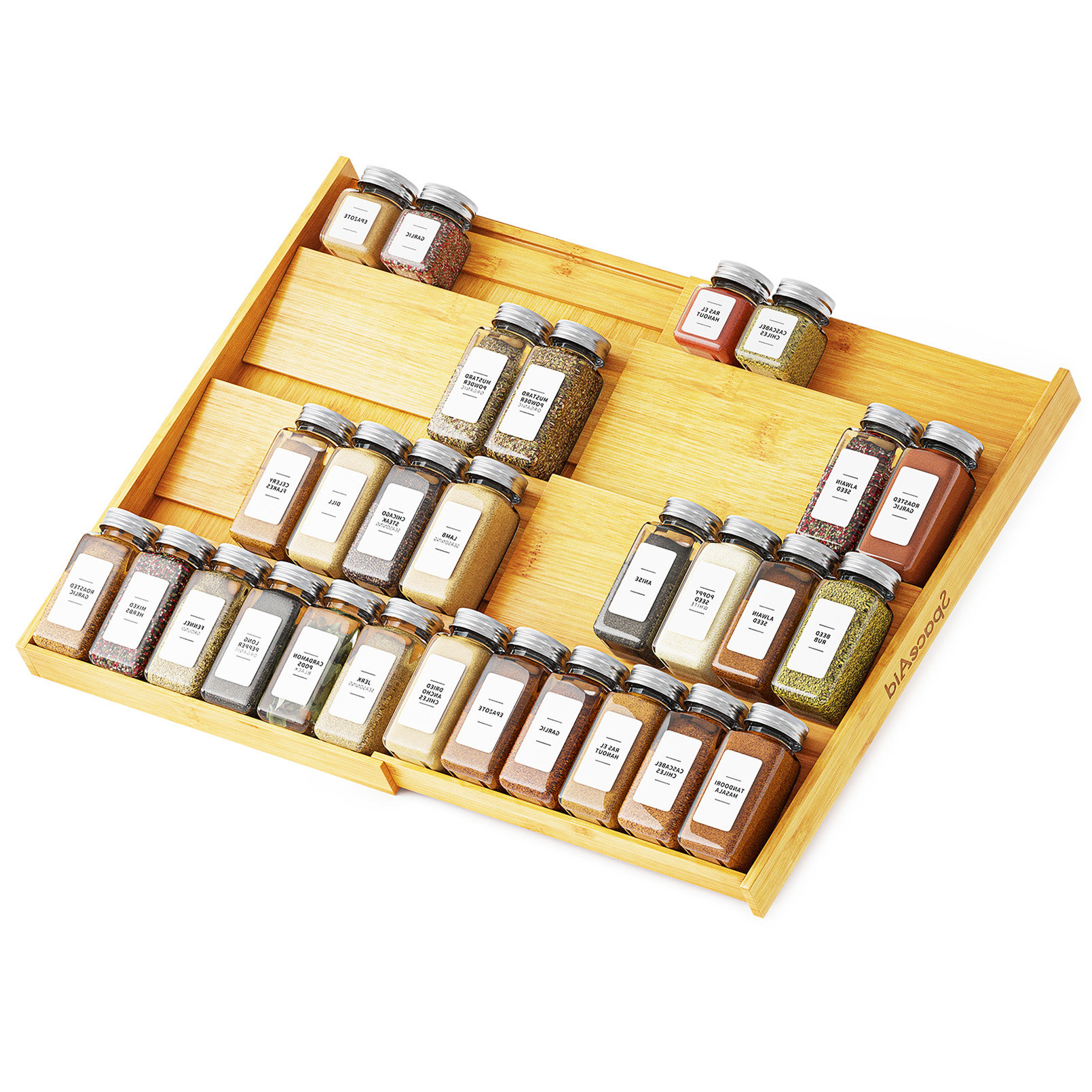 Bamboo Spice Drawer Organizer, 4 Tier Spices Rack for Cabinet Drawer  Expandable From 13 to 26 Seasoning Storage Organizer Insert