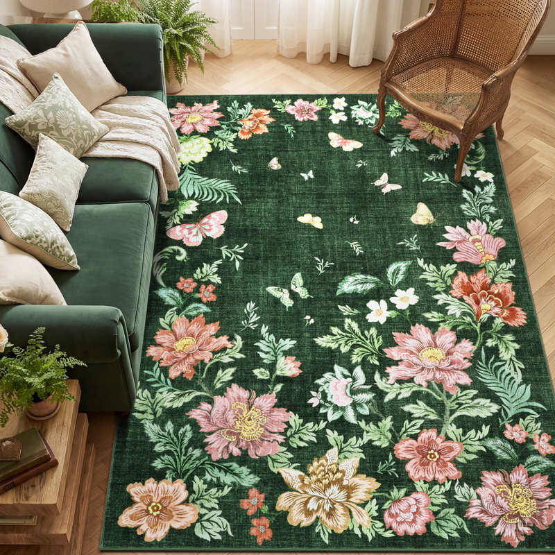 9x12 ft Washable Area Rug for Living Room - Large Butterfly Floral Print Carpet, Soft Velvet Pile, Non-Slip TPR Backing, Machine Washable, Dark Green