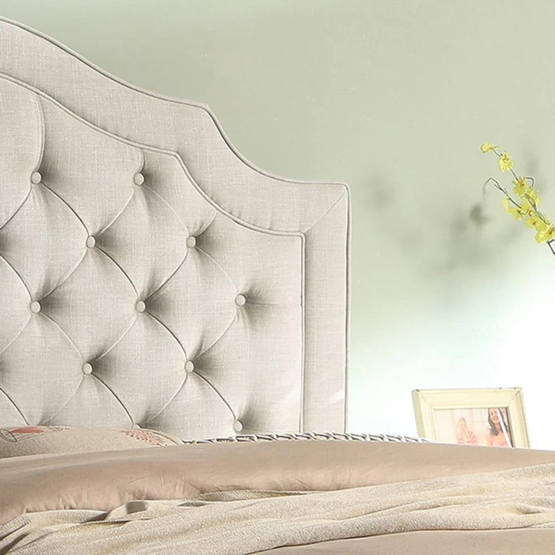 Lit rembourré en lin avec tête de lit réglable et capitonnage à boutons, Très grand lit, Beige