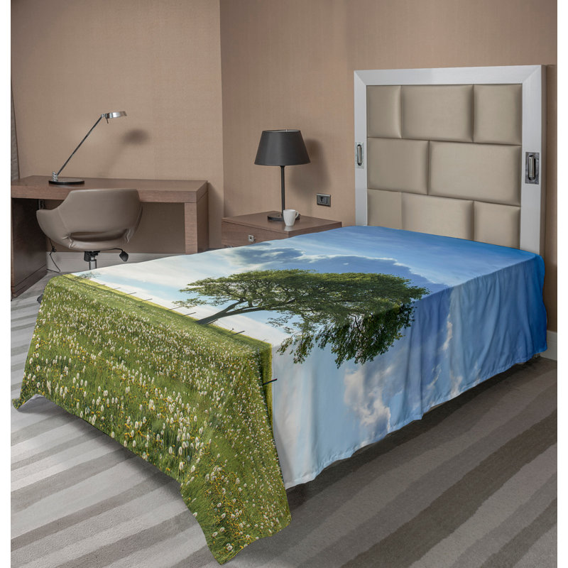 Ambesonne Nature Top Flat Sheet Tree on Field Summer Green Blue, Twin XL Flat Sheet