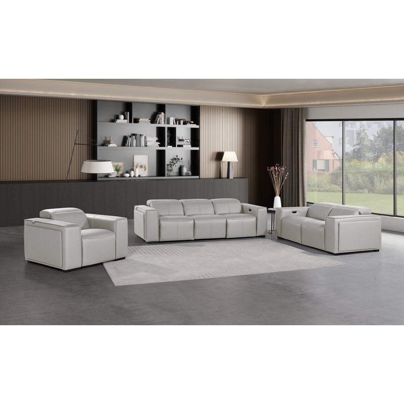 Ensemble de canapé inclinable électrique en cuir fleur Cinaed, Gris clair