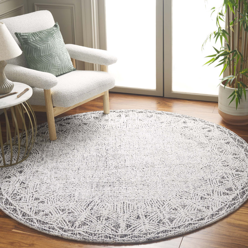 Tapis en laine / coton / polyester touffeté à la main Michall ivoire / noir, Rond 6 pi