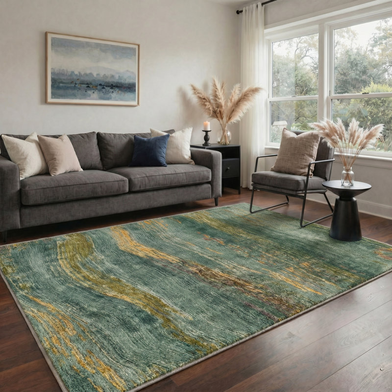 Tapis d'intérieur lavable à la machine antidérapant abstrait, Doré / vert, Rectangle 6 pi x 9 pi