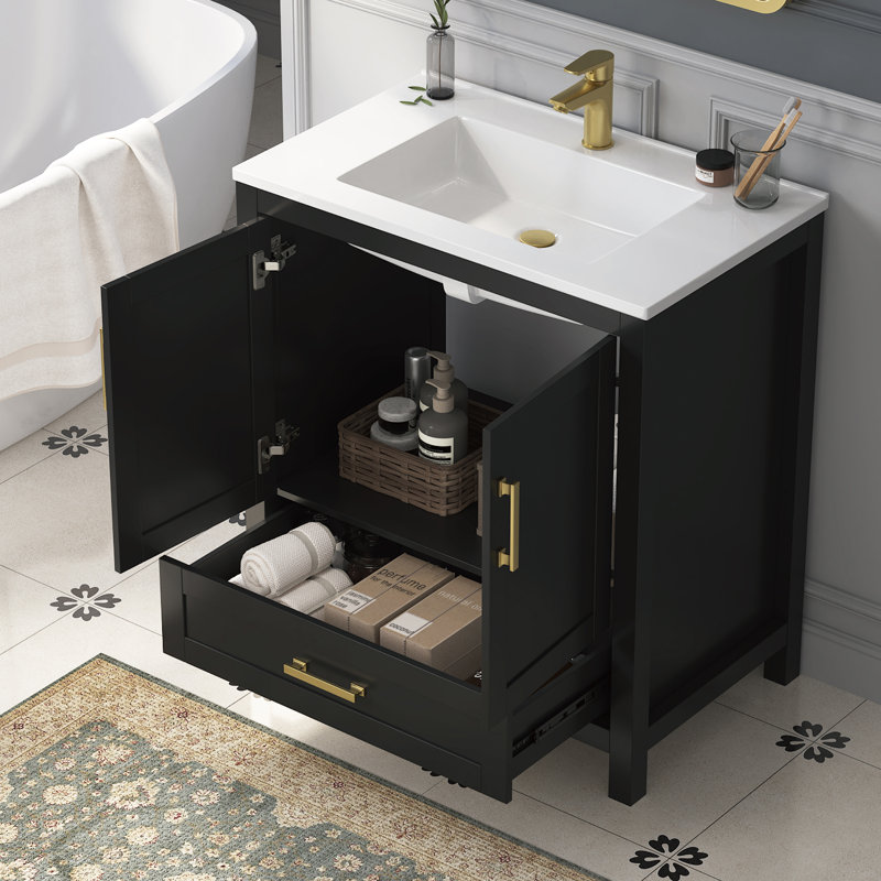 Korde Freestanding Single Bathroom Vanity With Solid Surface Composite Top, Black, 31"